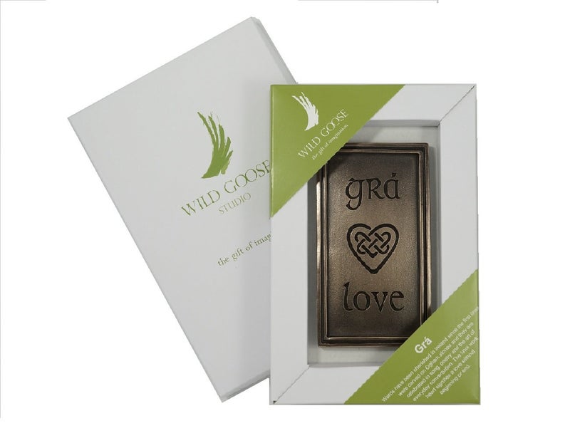 Biddy Murphy Wild Goose Studios Irish Plaque Love and Gra Celtic Heart Resin Cast Coated in Bronze 5 1/2 Inches Tall by 3 Inches Wide Wall Decor Ready To Hang Made in Ireland - Image 3